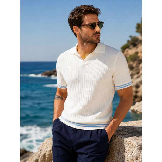 Men's Lapel V‑Neck Short‑Sleeve Knit Polo Sweater