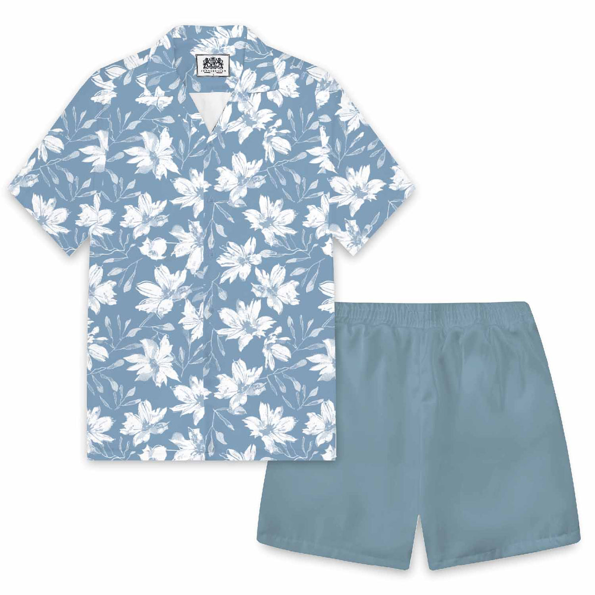 Hawaiian Shirt Blue White Floral Elastic Waistband Summer Casual Shorts