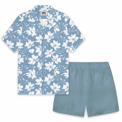 Hawaiian Shirt Blue White Floral Elastic Waistband Summer Casual Shorts