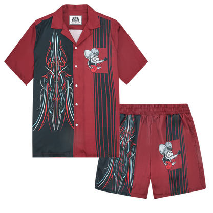 Dark Red Mouse Print Camp Collar Short Sleeve Shirt