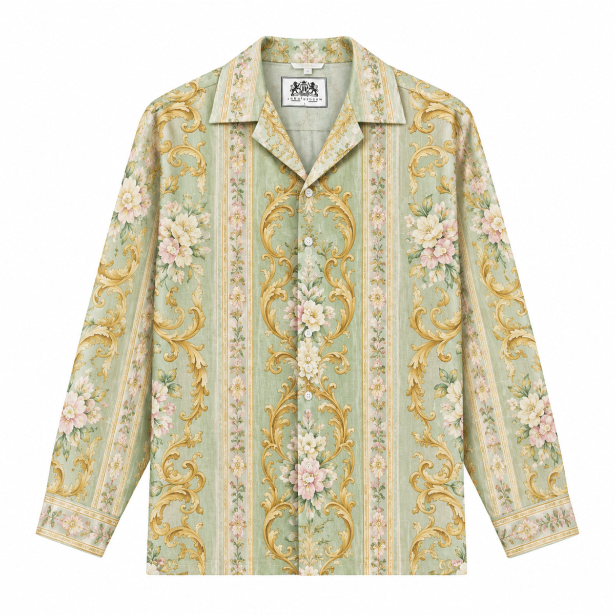 Golden clover powder peony baroque Print Long Sleeve Camp Collar Shirt