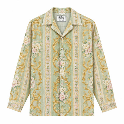 Golden clover powder peony baroque Print Long Sleeve Camp Collar Shirt
