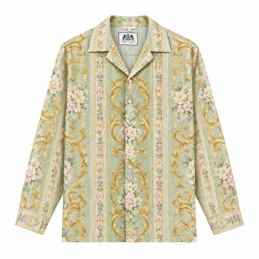 Golden clover powder peony baroque Print Long Sleeve Camp Collar Shirt