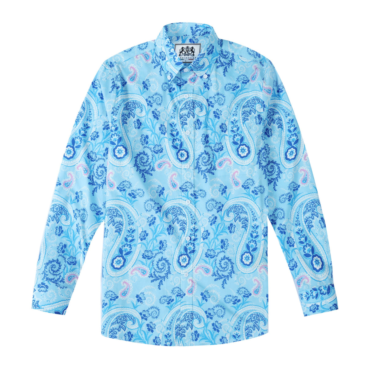 Blue Paisley Print Button Down Long Sleeve Casual Shirt Jonvidesign