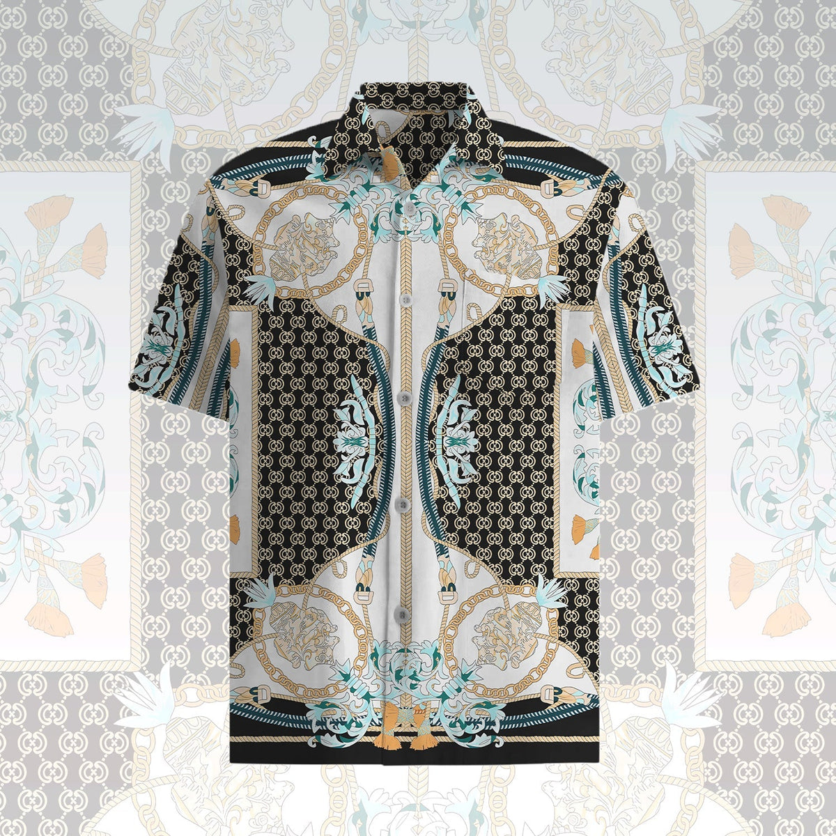Classic Pattern Short Sleeve Shirt with Chain and Rope Accents Jonvidesign