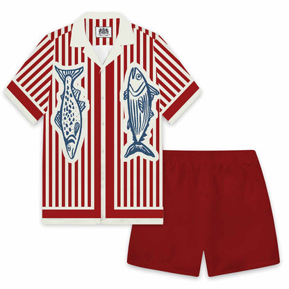 Summer Vacation Retro Fish Pattern Camp Collar Short Sleeve Shirt