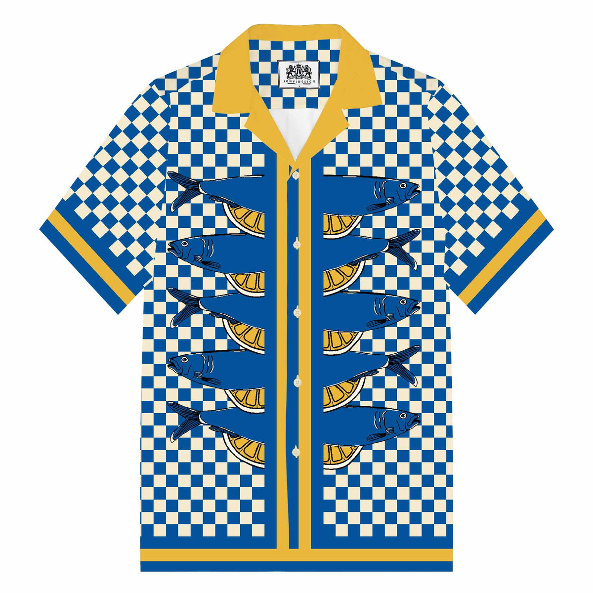 Sardine Pattern Blue And White Check Camp Collar Short Sleeve Shirt