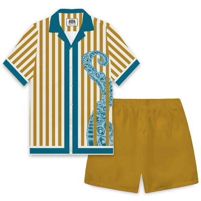 Vertical Striped Octopus Pattern Camp Collar Short Sleeve Shirt