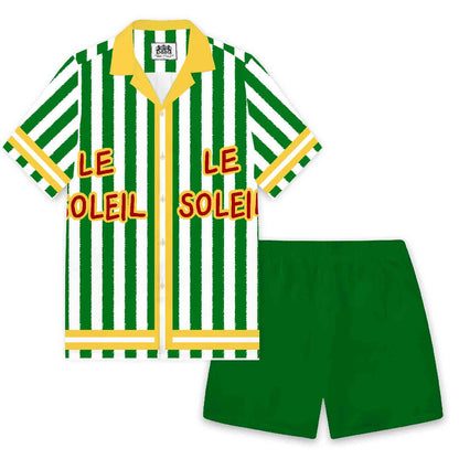 Green Vertical Stripes Elastic Waistband Summer Casual Shorts