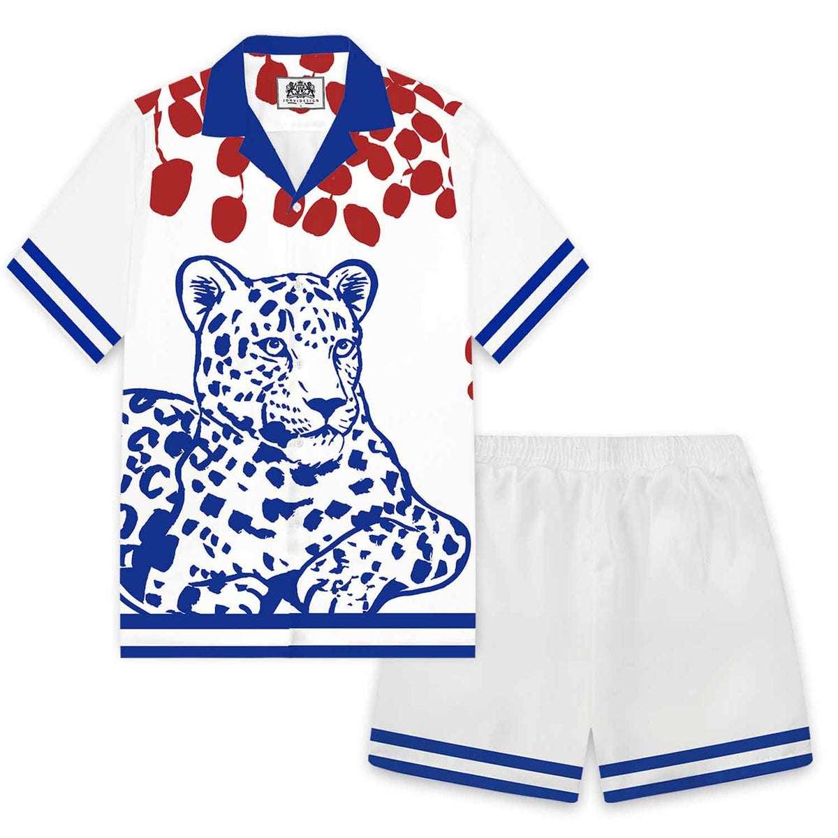 Blue Leopard Print Camp Collar Short Sleeve Shirt