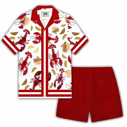 Lemon Slice Crayfish Pattern Camp Collar Short Sleeve Shirt