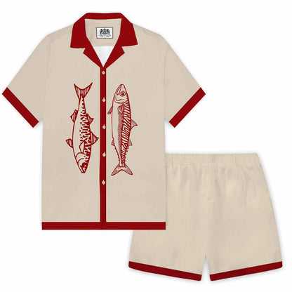 Khaki Retro Fish Pattern Camp Collar Short Sleeve Shirt
