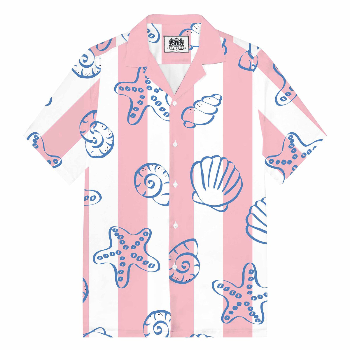 Pink And White Vertical Stripes Beach Shell Print Camp Collar Short Sleeve Shirt