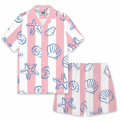 Pink And White Vertical Stripes Beach Shell Print Camp Collar Short Sleeve Shirt