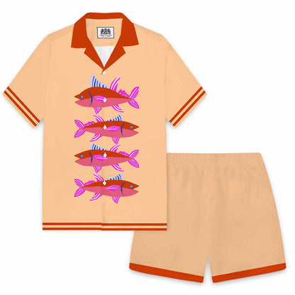 Color-Blocked Fish Pattern Elastic Waistband Summer Casual Shorts