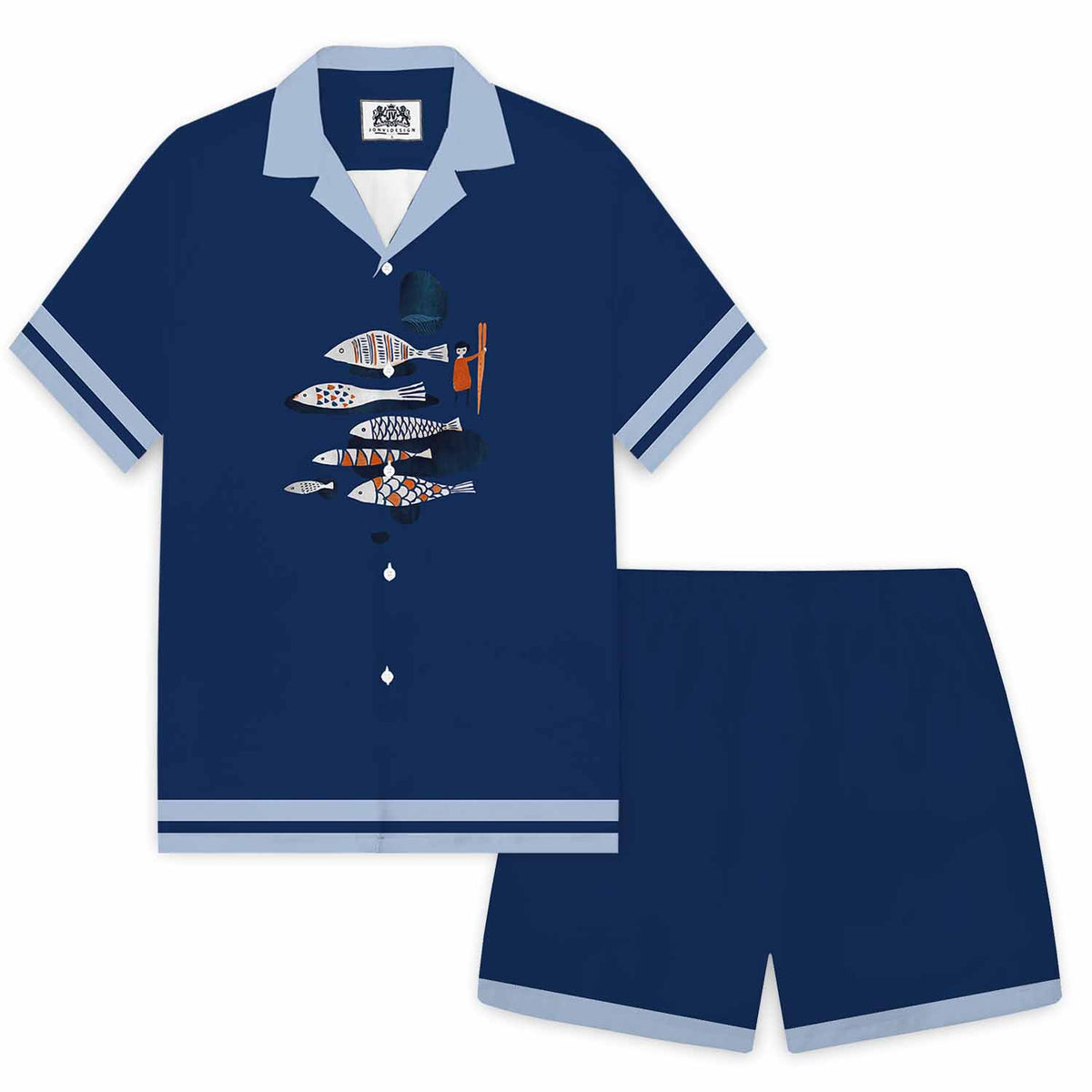 Dark Blue Fun Fish Print Camp Collar Short Sleeve Shirt