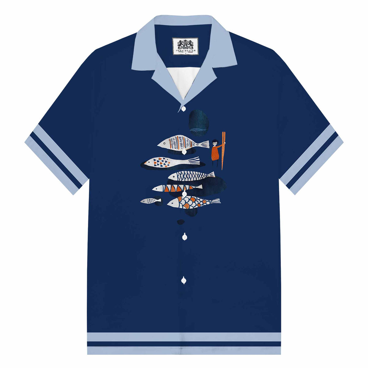 Dark Blue Fun Fish Print Camp Collar Short Sleeve Shirt