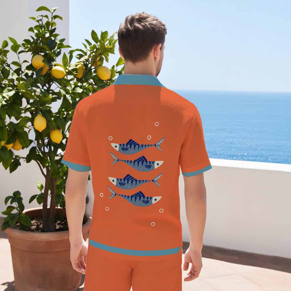 Fish Blowing Bubbles Orange Camp Collar Short Sleeve Shirt