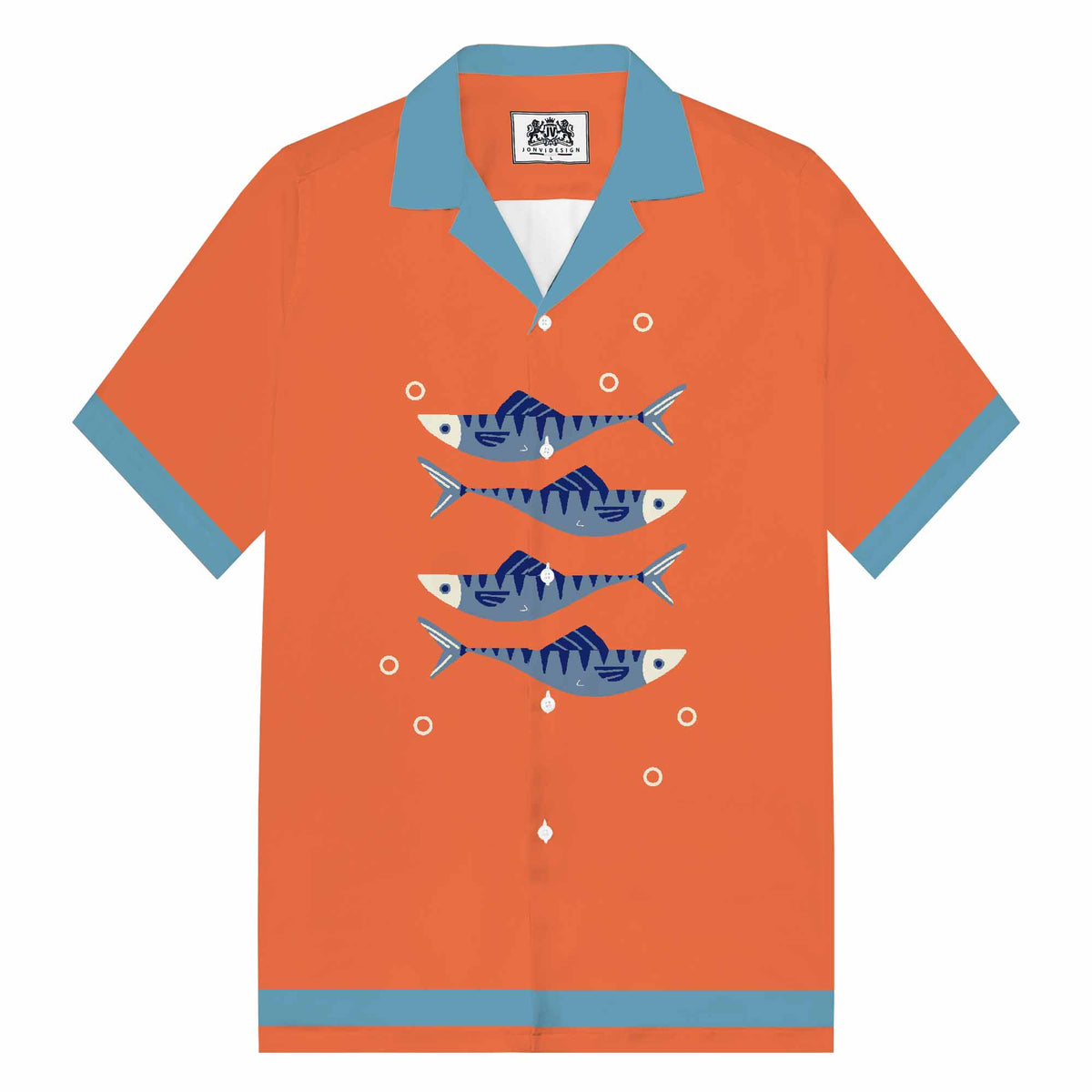 Fish Blowing Bubbles Orange Camp Collar Short Sleeve Shirt