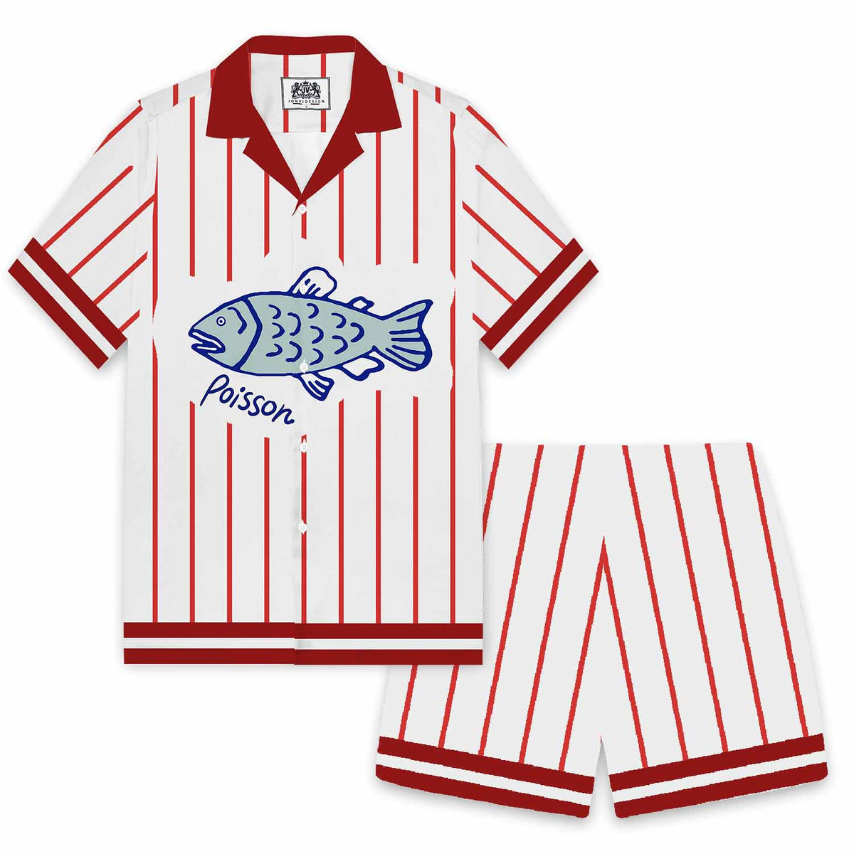 Vertical Striped Fish Pattern Camp Collar Short Sleeve Shirt