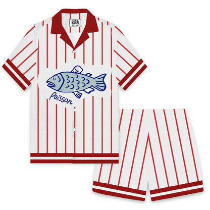Vertical Striped Fish Pattern Camp Collar Short Sleeve Shirt