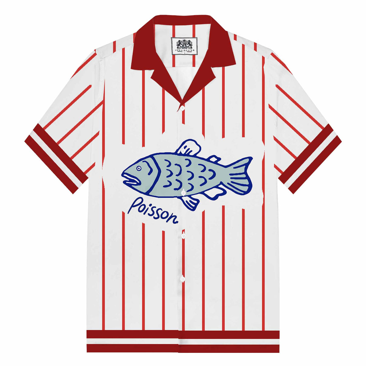 Vertical Striped Fish Pattern Camp Collar Short Sleeve Shirt