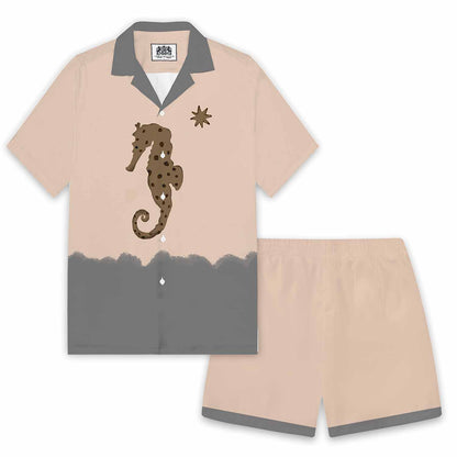 Ocean-Style Brown Seahorse Pattern Camp Collar Short Sleeve Shirt