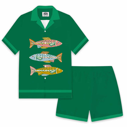 Colorful Fish Print Camp Collar Short Sleeve Shirt