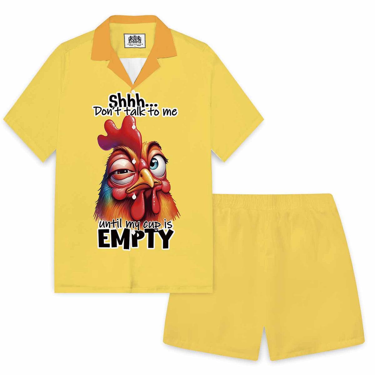 Yellow Rooster Head Pattern Camp Collar Short Sleeve Shirt