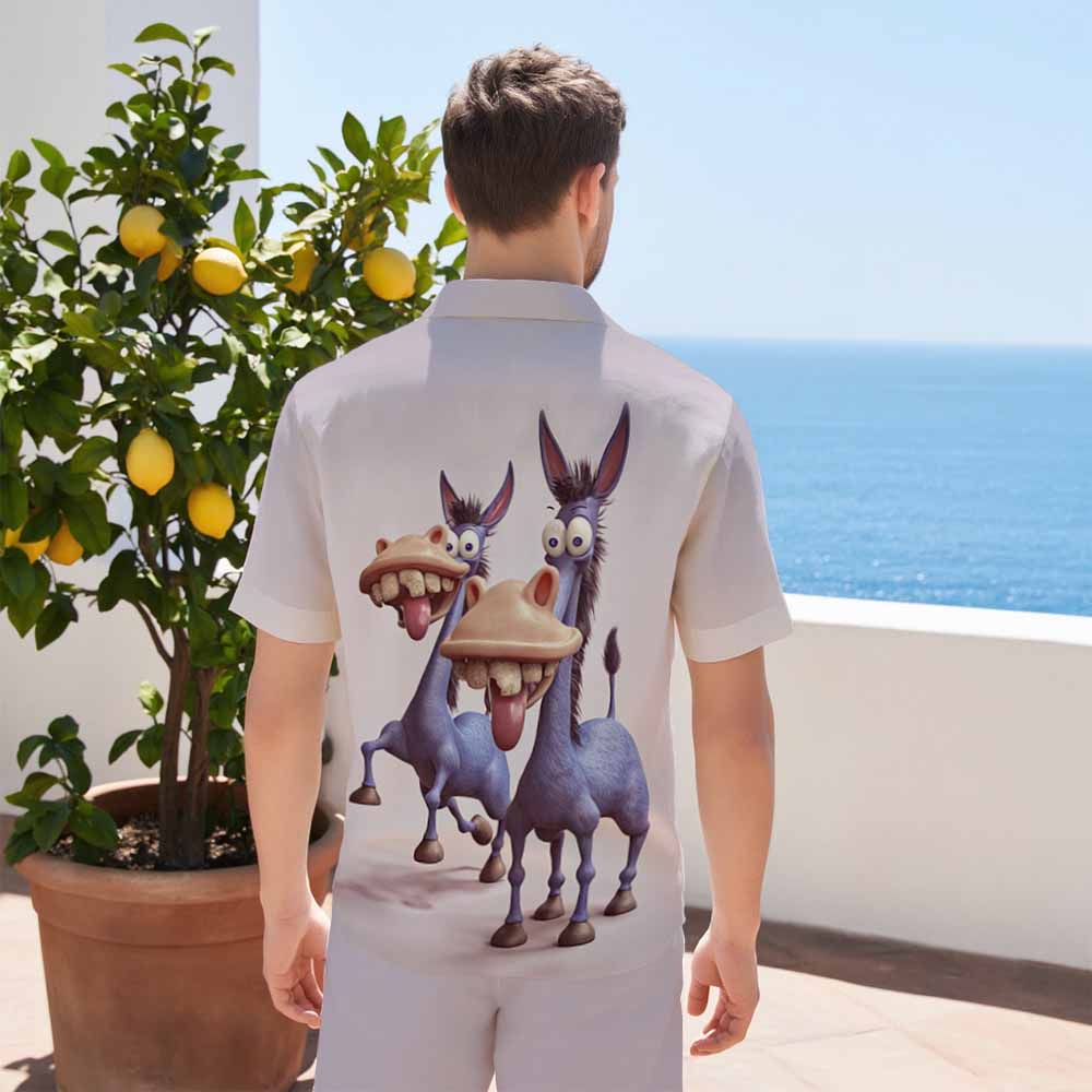 Funny Donkey Print Camp Collar Short Sleeve Shirt