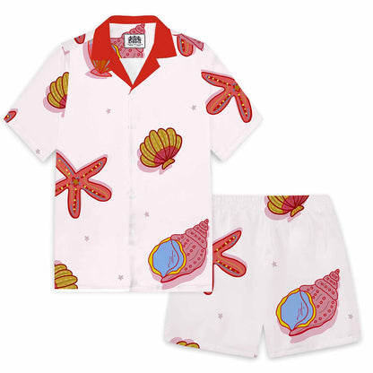 Summer Beach Theme Shell And Conch Print Camp Collar Short Sleeve Shirt