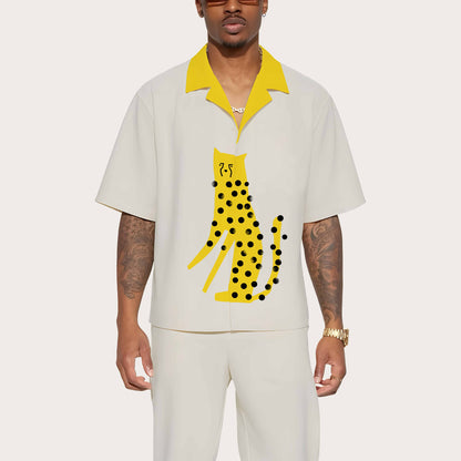 Abstract Painting Leopard Print Camp Collar Short-Sleeved Shirt