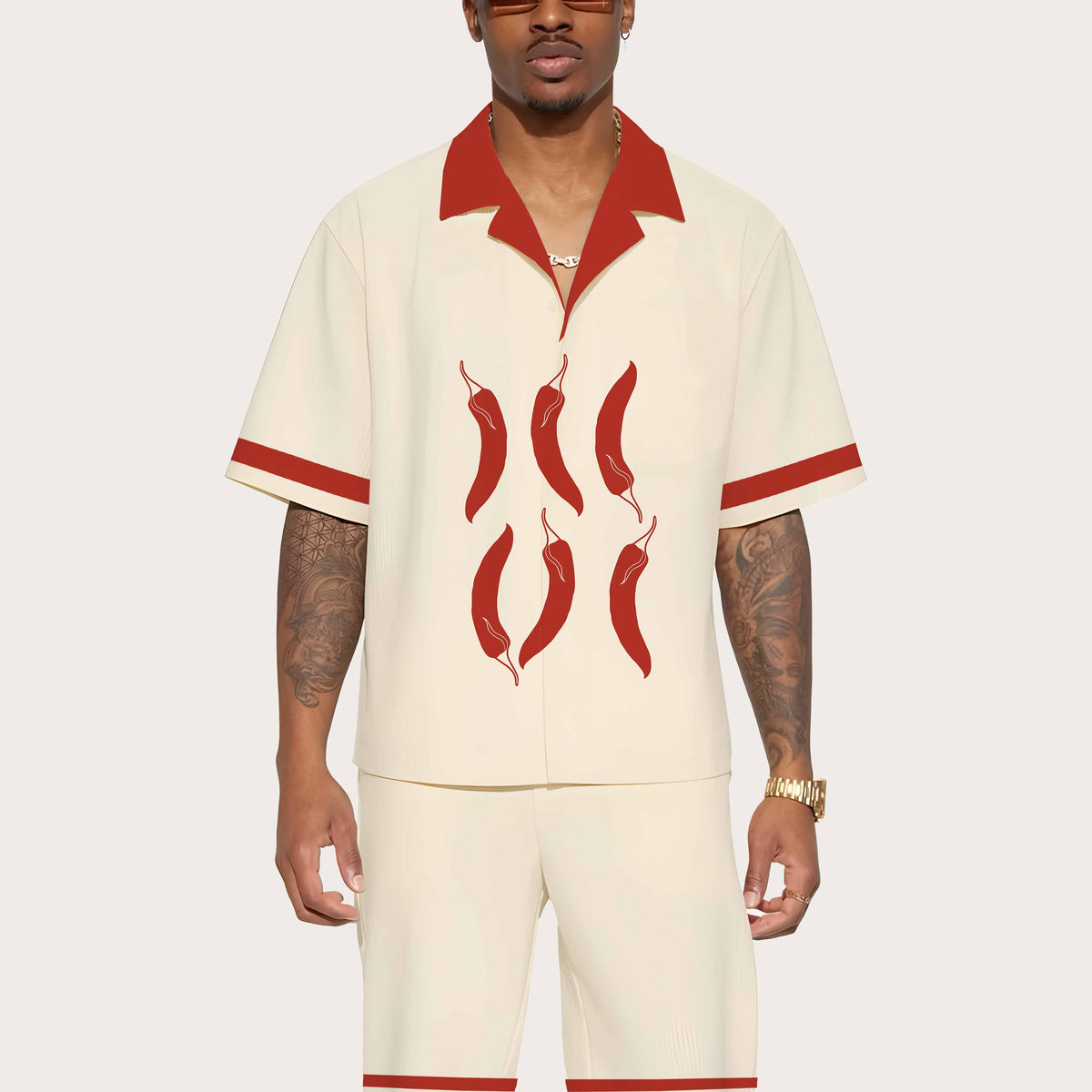 Red Chili Pepper Casual Camp Collar Short-Sleeved Shirt