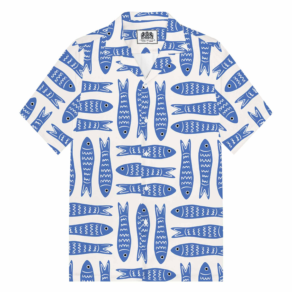 Summer Hawaiian Blue Fish Pattern Camp Collar Short Sleeve Shirt