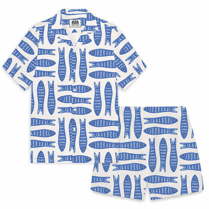 Summer Hawaiian Blue Fish Pattern Elastic Waistband Summer Casual Shorts