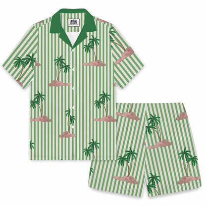 Green Striped Coconut Tree Pattern Elastic Waistband Summer Casual Shorts