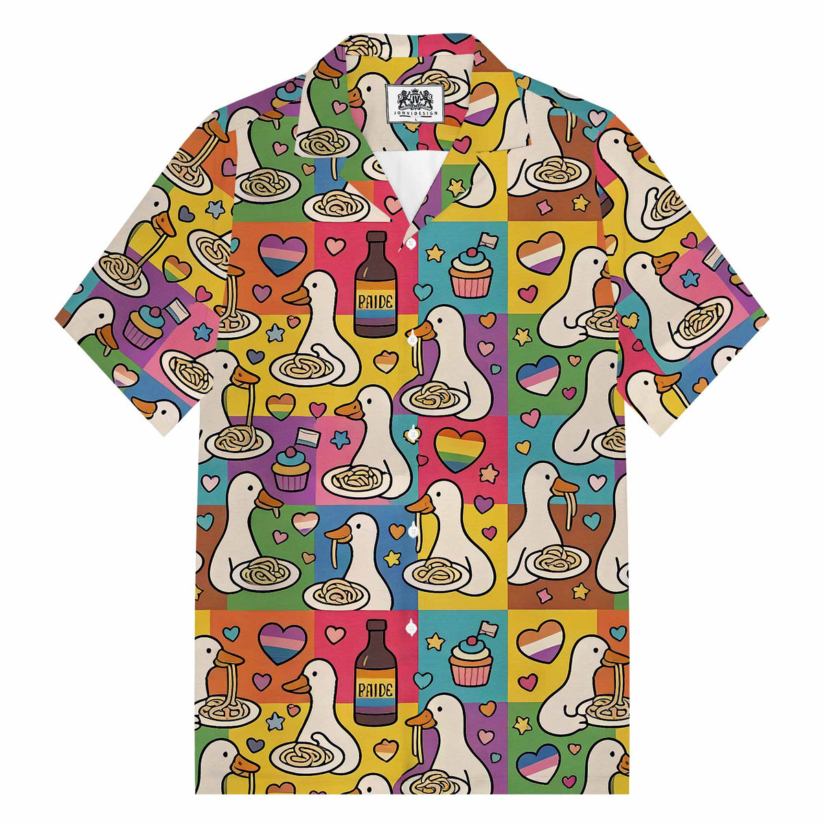 Japanese Goose Eating Spaghetti Hawaiian Camp Collar Short-Sleeved Shirt
