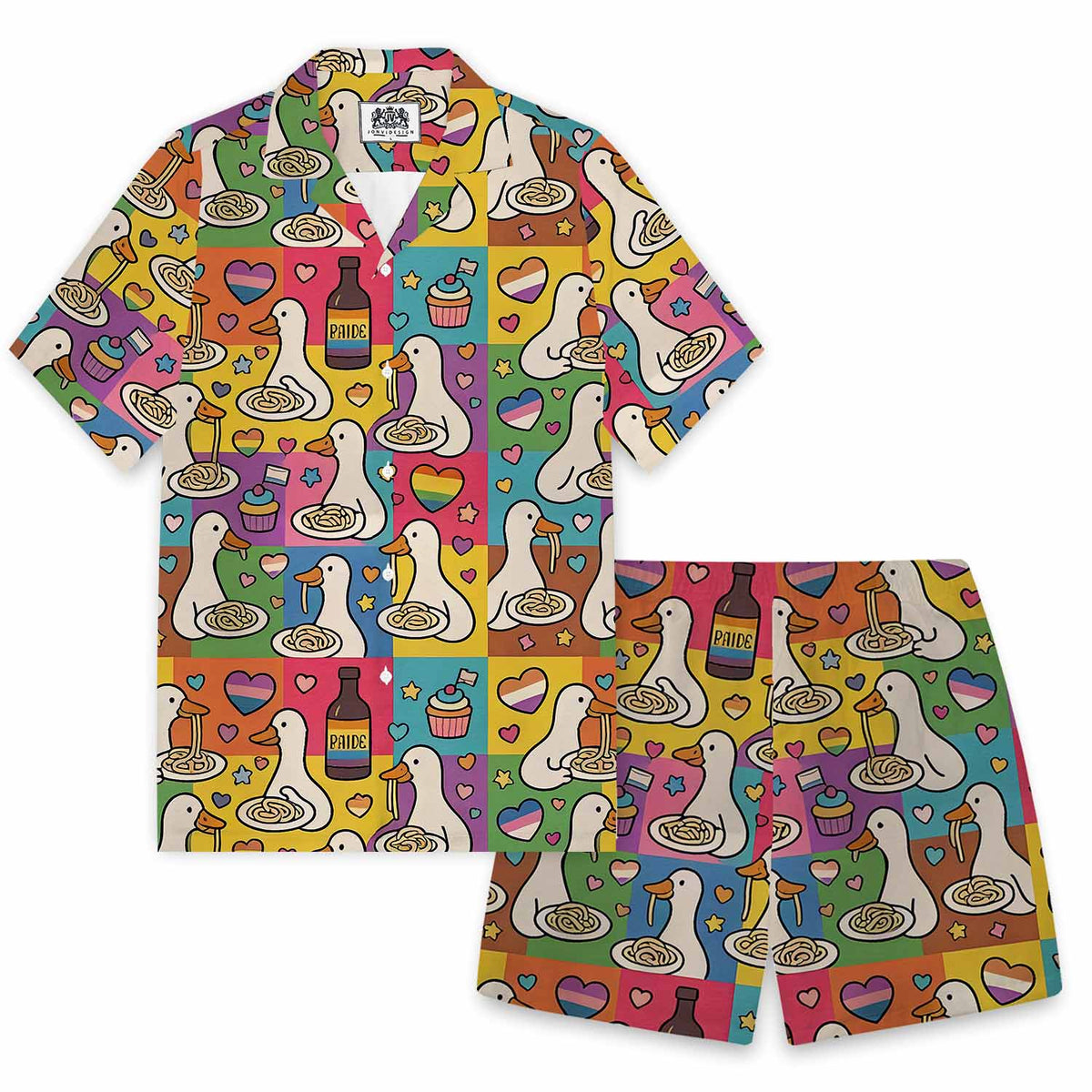 Japanese Goose Eating Spaghetti Elastic Band Hawaiian Shorts