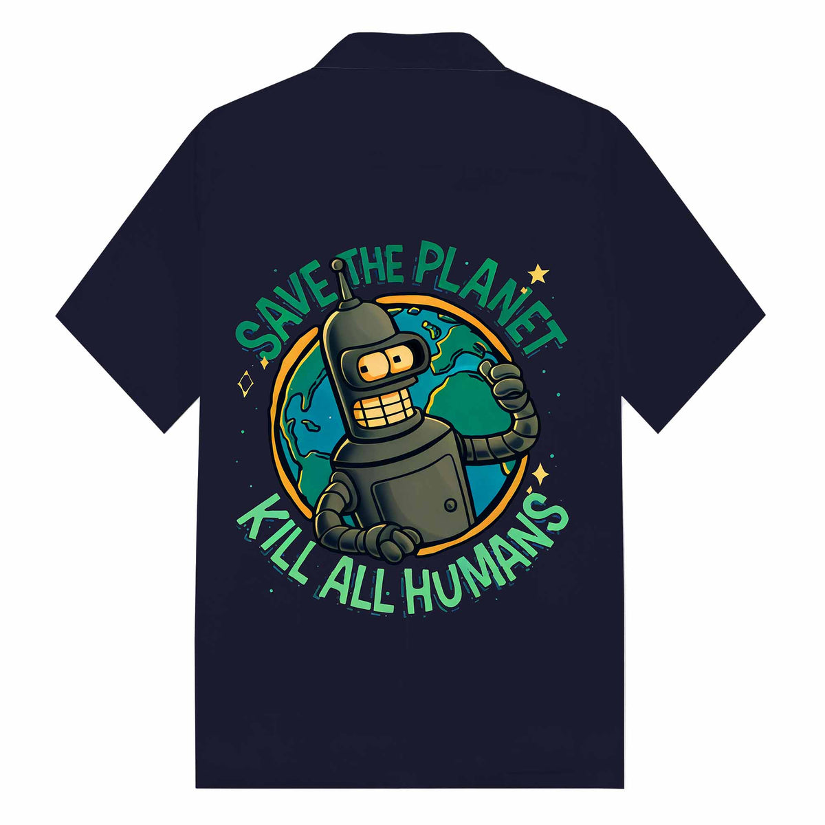 Save The Planet, Kill All Humans Print Camp Collar Short-Sleeved Shirt