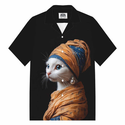 Funny Cat Girl With Pearl Earring Print Camp Collar Short-Sleeved Shirt