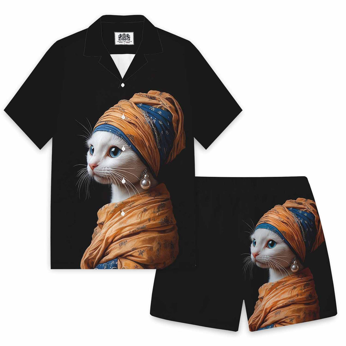 Funny Cat Girl With Pearl Earring Print Elastic Band Casual Shorts