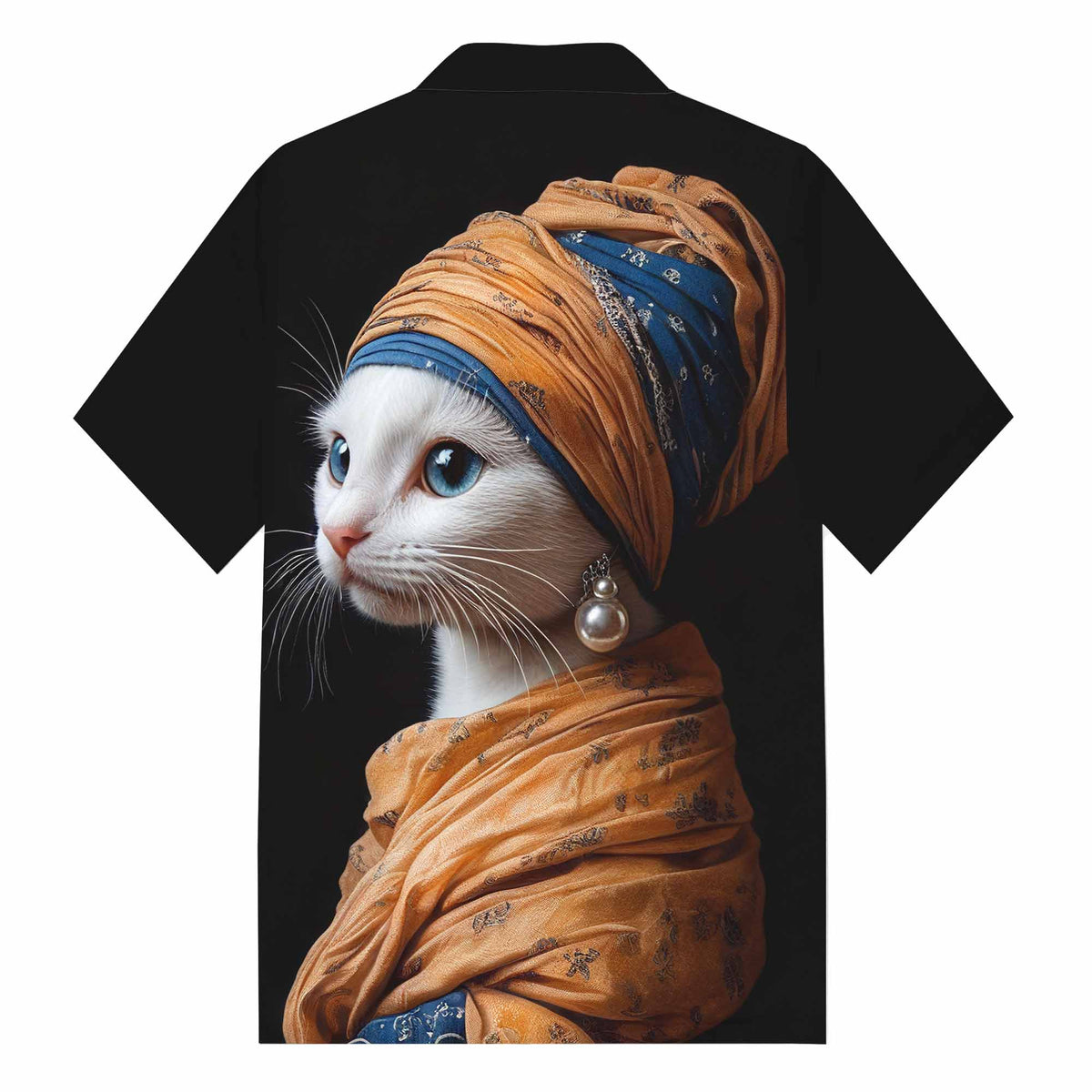 Funny Cat Girl With Pearl Earring Print Camp Collar Short-Sleeved Shirt