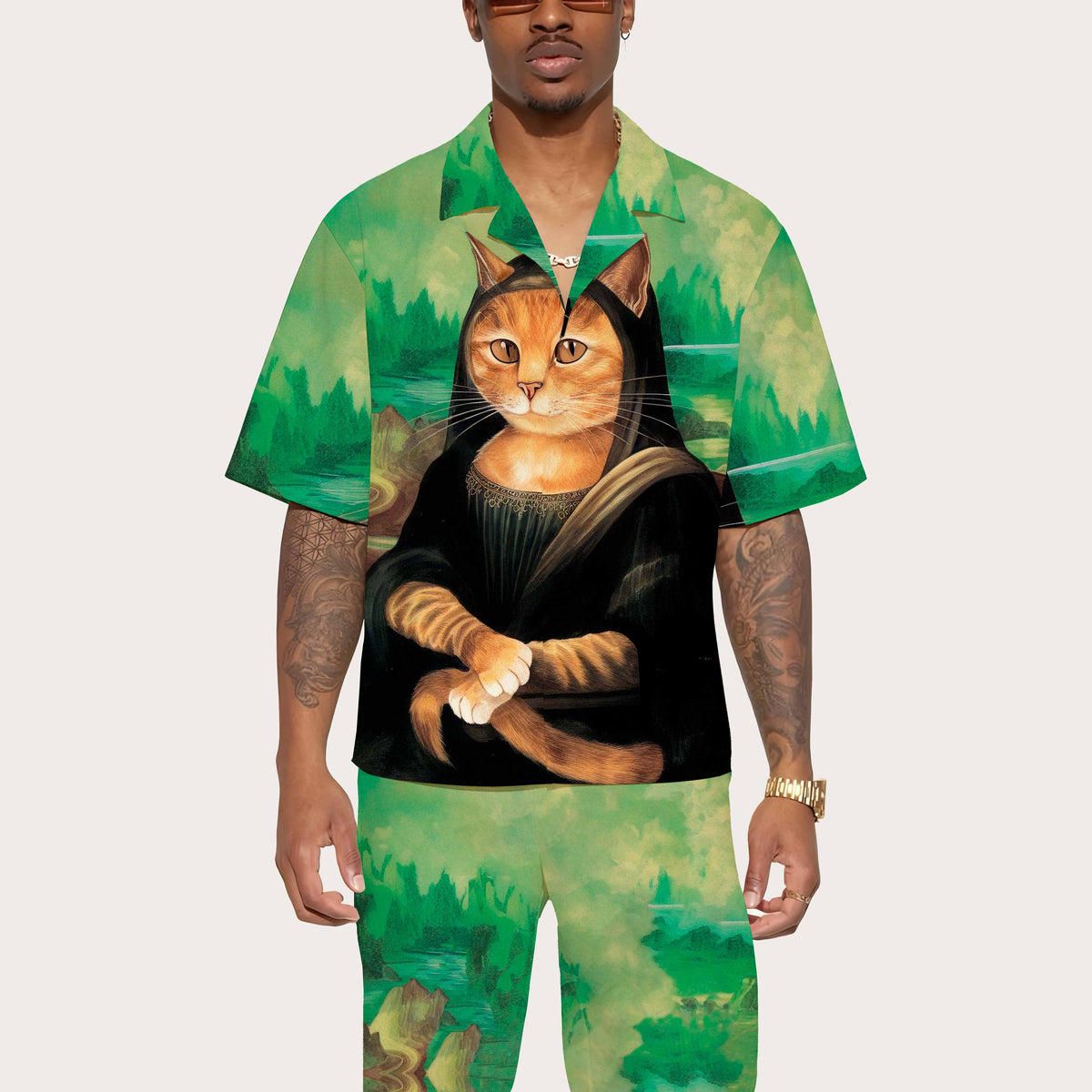 Funny Cat Art Lovers Print Camp Collar Short-Sleeved Shirt