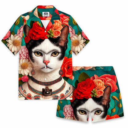 Floral Cat Print  Elastic Band Casual Shorts