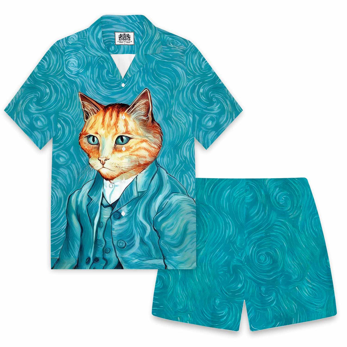 Cat Van Gogh Portrait Print Camp Collar Short-Sleeved Shirt