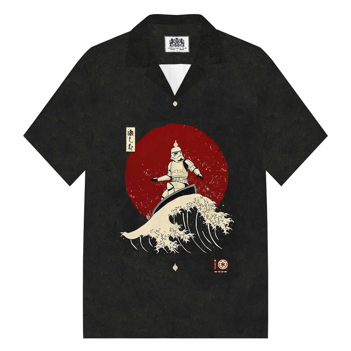 Japanese Style The Great Wave 0ff Kanagawa Print Camp Collar Short-Sleeved Shirt