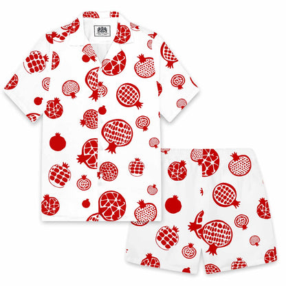 Red Pomegranate Print Pattern Camp Collar Short Sleeve Shirt