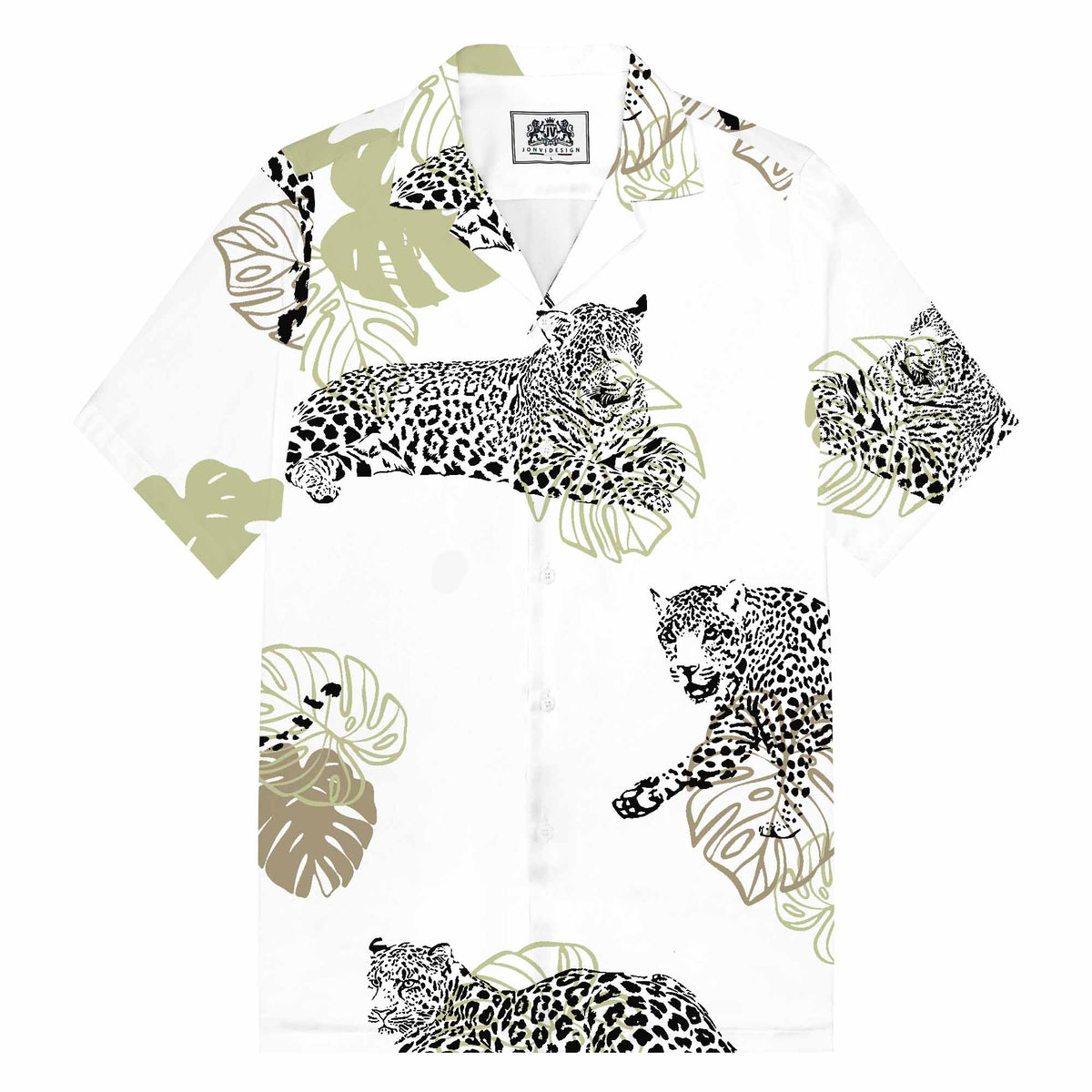 Tropical Leaves And Leopard Prints Camp Collar Short-Sleeved Shirt