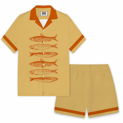 Retro Holiday Themed Fish Print Elastic Waistband Summer Casual Shorts