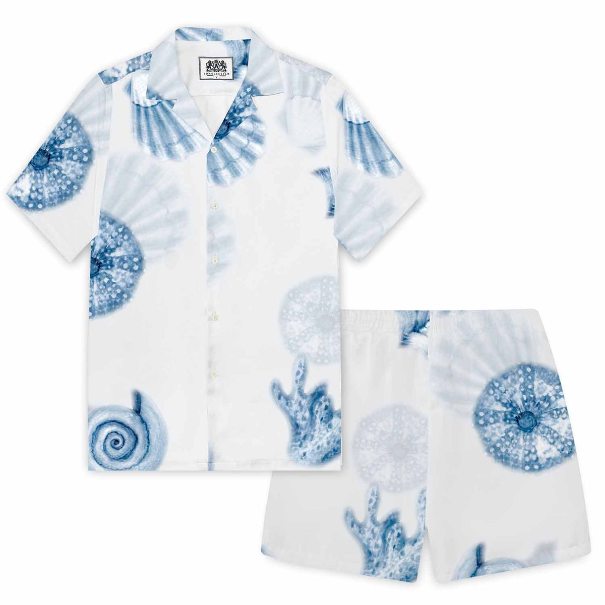 Ocean Blue Shell Print Camp Collar Short-Sleeved Shirt